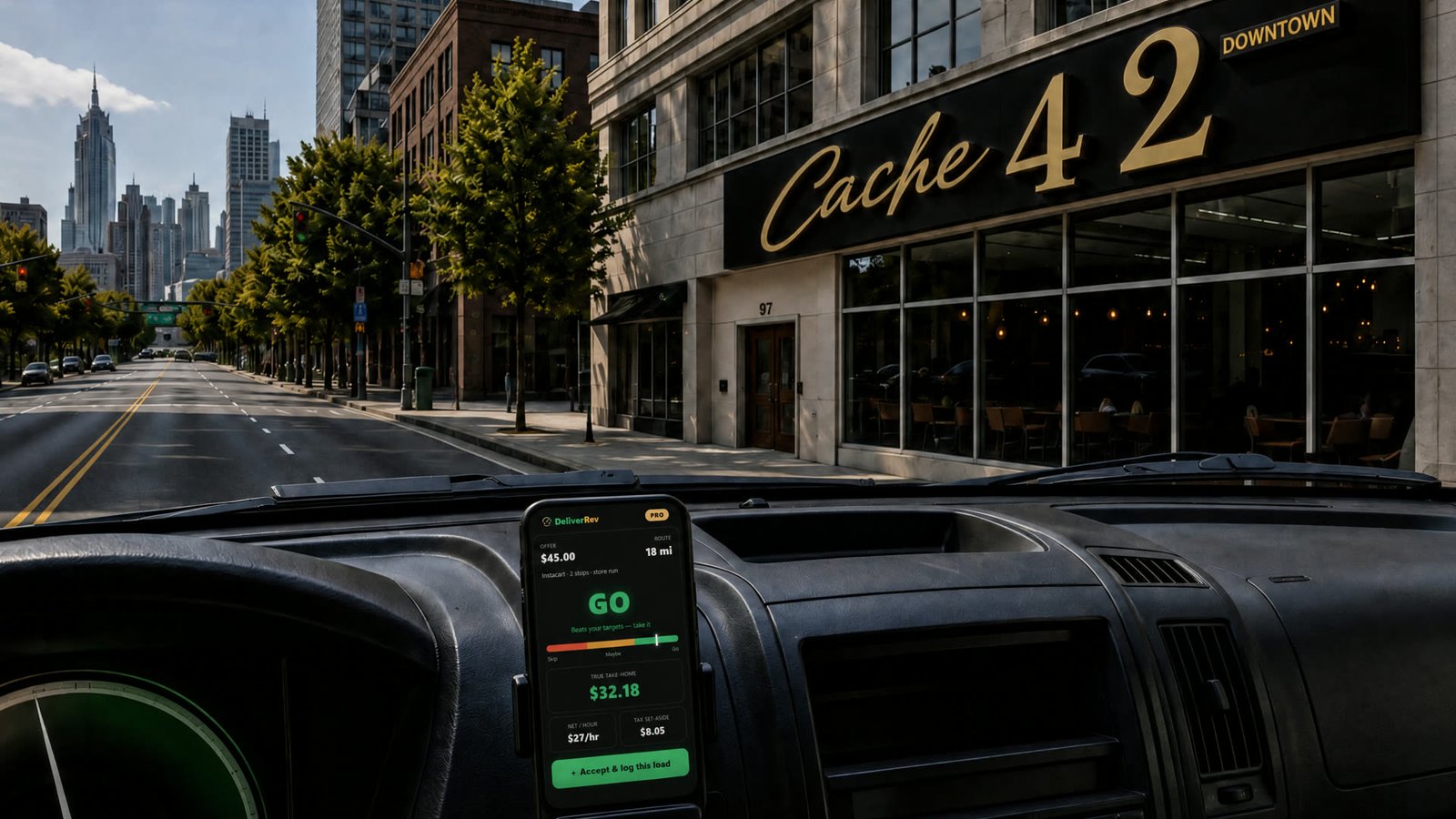 Driver's view of a sunny city street with the DeliverRev app showing a green GO on the dash-mounted phone